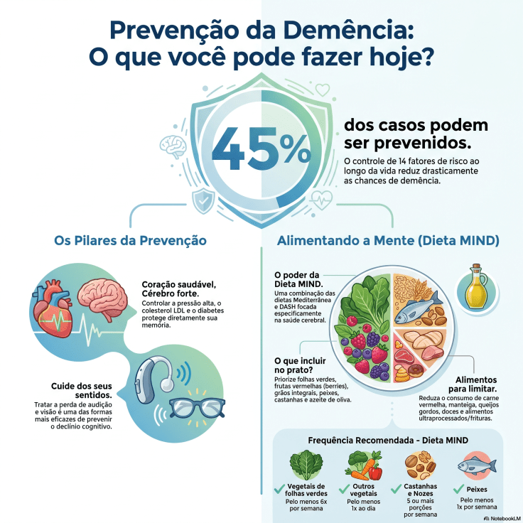 Infográfico intitulado "Prevenção da Demência: O que você pode fazer hoje?". No centro superior, um escudo destaca o número 45%, informando que 45% dos casos podem ser prevenidos com o controle de 14 fatores de risco. À esquerda, a seção "Os Pilares da Prevenção" mostra o desenho de um coração e um cérebro conectados, recomendando controle da pressão e colesterol, além de ícones de aparelho auditivo e óculos, recomendando o cuidado com os sentidos. À direita, a seção "Alimentando a Mente (Dieta MIND)" exibe um prato dividido com vegetais verdes, frutas vermelhas, nozes, peixes e azeite. Abaixo, a frequência recomendada: folhas verdes (pelo menos 6x na semana), outros vegetais (1x ao dia), castanhas e nozes (5 ou mais porções) e peixes (pelo menos 1x na semana).